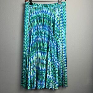 Chico's Women's Sz 3 Blue‎ Green Pleated Midi Skirt Abstract Print Elastic Waist